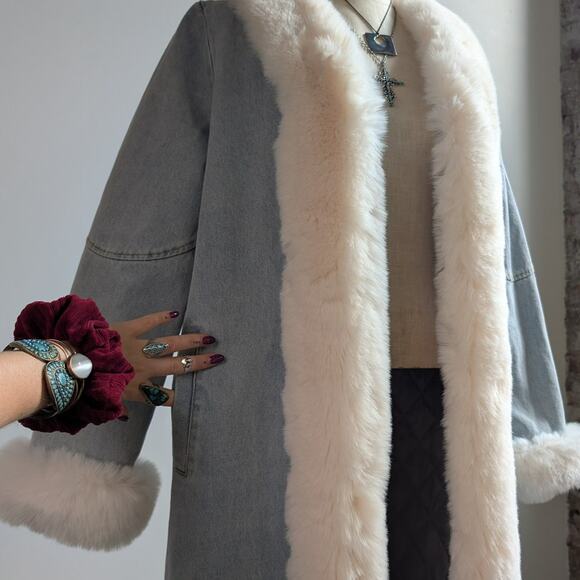 Y2K Faux Fur Penny Lane Afghan Coat Denim Trench Coat 90s Boho Jean Jacket Med - Picture 7 of 8